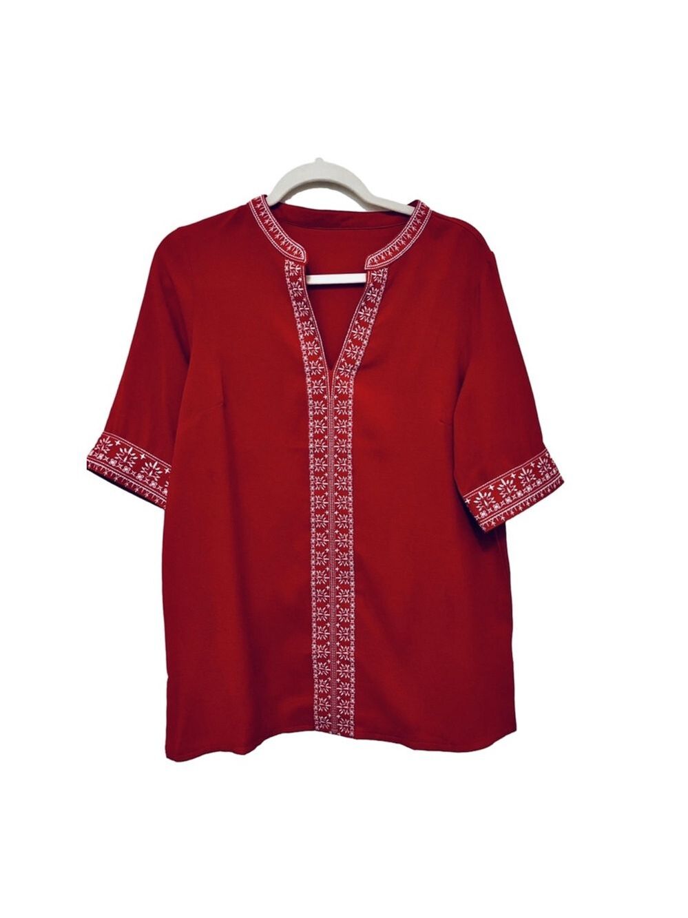 Red Bohemian Embroidered Short Sleeve Tunic Shirt NWOT - Picture 2 of 6